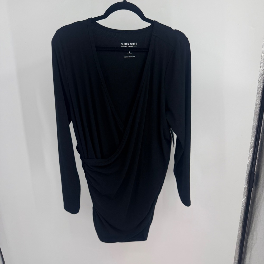 Torrid Super Soft Rib Surplice Long Sleeve Ruched Top Deep Black 2 2X 18-20